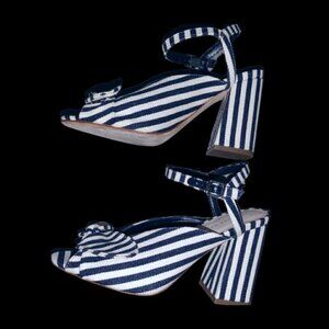 Loeffler Randall Navy and White Striped Knot Block Heel Sandals
